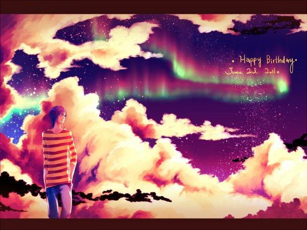 Аниме картинка 1200x900 с nico nico singer pointfive(.5) asamaru (pointfive) tama (pixiv 303684) один (одна) короткие волосы смотрит в сторону небо фиолетовые волосы облако (облака) полосатый живописный с днём рождения северное сияние мужчина очки
