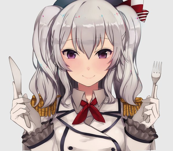 Anime picture 1500x1314 with kantai collection kashima training cruiser oniku (oishii oniku) single long hair looking at viewer blush fringe simple background smile purple eyes twintails profile grey hair grey background girl hat frills knife epaulettes