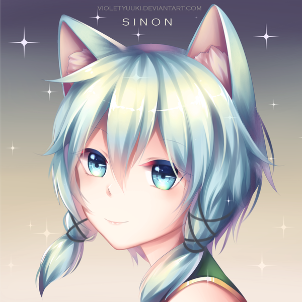 Anime picture 1800x1800 with sword art online a-1 pictures asada shino violet yuuki single looking at viewer blush fringe highres short hair blue eyes simple background hair between eyes signed animal ears payot ahoge light smile cat ears aqua hair