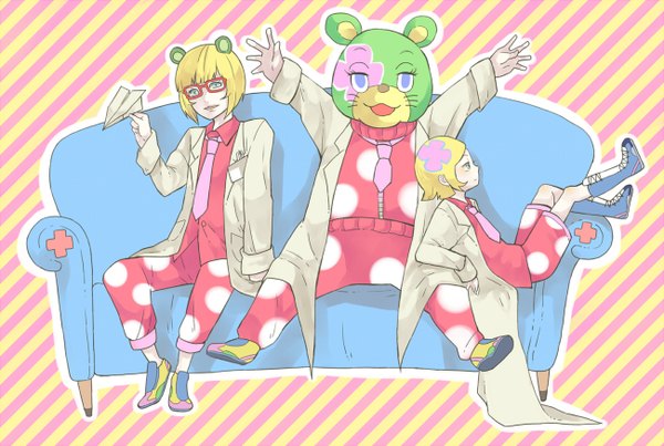 Anime picture 1300x874 with kuuchuu buranko toei animation irabu ichiro meishi (artist) short hair blue eyes blonde hair smile sitting animal ears profile spread arms reclining hand in pocket multiple persona mouse ears mouse costume boy glasses necktie