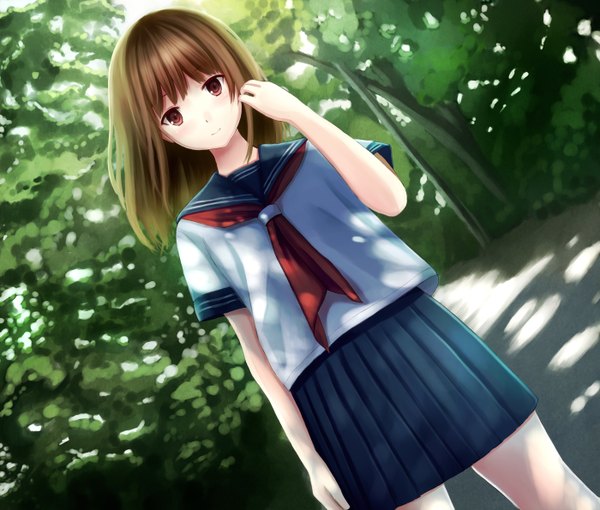 Anime picture 1400x1190 with original megimegyo single long hair looking at viewer blush red eyes brown hair girl skirt plant (plants) tree (trees) serafuku