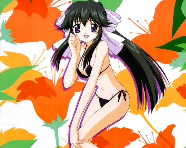 Anime picture 1280x1024 with da capo megami magazine mizukoshi moe single long hair looking at viewer fringe breasts open mouth light erotic black hair hair between eyes standing purple eyes full body :d scan official art hand on knee floral background