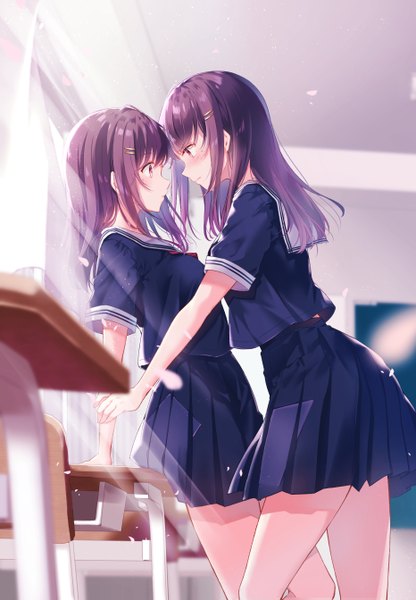 Anime picture 1863x2687 with original kisaragi yuri long hair tall image blush fringe highres breasts red eyes standing multiple girls payot purple hair indoors profile pleated skirt sunlight mole arm support short sleeves