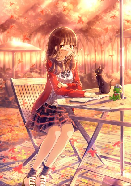 Anime picture 1446x2046 with original kazeno single long hair tall image looking at viewer brown hair sitting brown eyes girl skirt plant (plants) animal tree (trees) socks glasses leaf (leaves) black socks cat