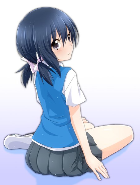 Anime picture 905x1200 with d-frag! brains base (studio) funabori watarui single tall image blush short hair simple background twintails blue hair looking back black eyes low twintails short twintails soles girl skirt uniform bow