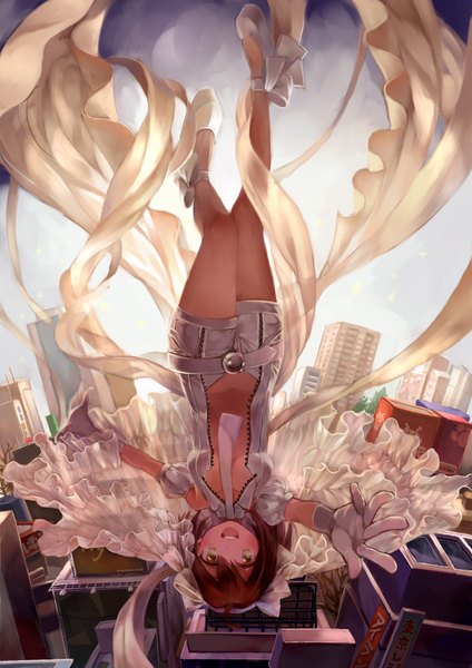 Anime picture 2480x3508 with original kururi single tall image looking at viewer blush highres short hair breasts open mouth brown hair brown eyes city spread arms upside down falling girl gloves ribbon (ribbons) plant (plants)