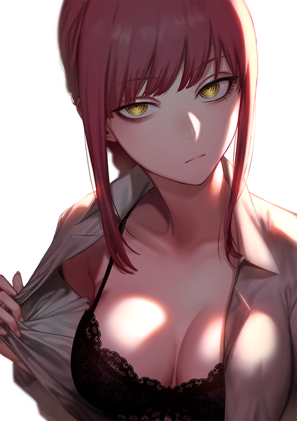 Anime picture 778x1100 with chainsaw man mappa makima (chainsaw man) eatora single long hair tall image looking at viewer fringe breasts light erotic simple background large breasts white background yellow eyes payot cleavage upper body red hair blunt bangs