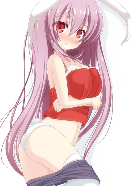 Anime picture 827x1169 with touhou reisen udongein inaba chimunge single long hair tall image looking at viewer blush breasts light erotic simple background red eyes white background animal ears purple hair bunny ears bunny girl girl underwear panties