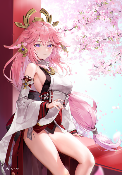 Anime picture 1267x1824 with genshin impact yae miko rity single tall image looking at viewer blush fringe breasts light erotic hair between eyes purple eyes animal ears pink hair very long hair traditional clothes japanese clothes pantyshot fox ears sideboob