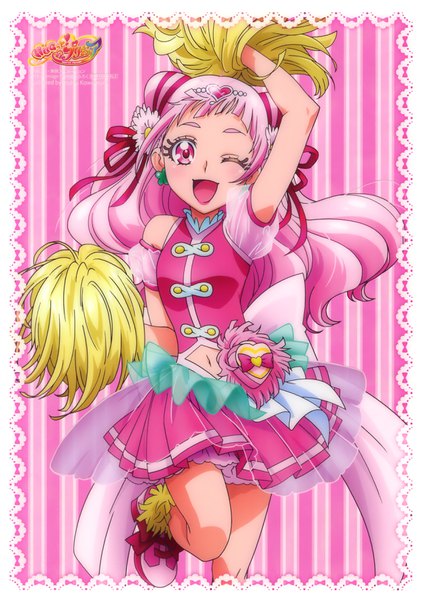 Anime picture 2492x3536 with precure hugtto! precure toei animation nono hana cure yell kawamura toshie single long hair tall image looking at viewer blush highres open mouth bare shoulders pink hair one eye closed pink eyes arm up wink official art