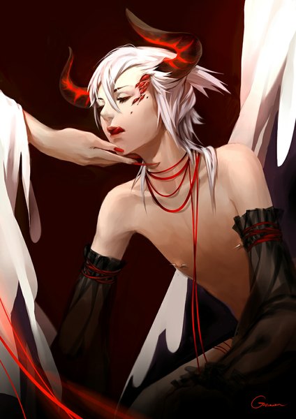 Anime picture 800x1132 with original green (pixiv) long hair tall image simple background signed white hair eyes closed nail polish horn (horns) fingernails piercing long fingernails licking red nail polish shirtless boy detached sleeves tongue hand