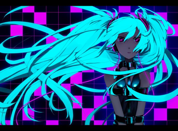 イラスト 1220x900 と ボーカロイド 初音ミク 長髪 ツインテール ピンク目 aqua hair glowing multicolored 女の子 ヘッドフォン 電線