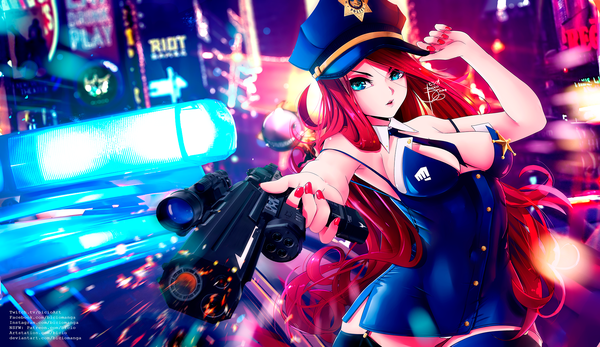 Anime picture 1920x1112 with league of legends sarah fortune bicio single long hair looking at viewer highres breasts blue eyes light erotic wide image standing bare shoulders signed outdoors red hair nail polish arm up wind blurry