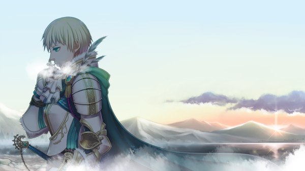 Anime picture 1601x900 with original miogrobin single short hair blonde hair wide image sky cloud (clouds) profile aqua eyes kiss boy weapon feather (feathers) cloak cross neckerchief