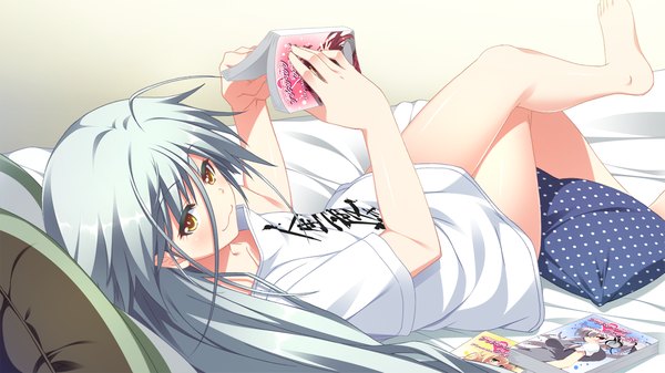 Anime picture 1280x720 with tojita sekai no tori colony long hair wide image yellow eyes game cg silver hair lying crossed legs clothes writing girl bed t-shirt manga (object)