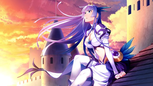 Anime picture 1280x725 with hatsuru koto naki mirai yori yukikaze geneblood ino single long hair blue eyes wide image sitting payot game cg sky cleavage purple hair cloud (clouds) wind bare belly evening sunset looking up dragon girl