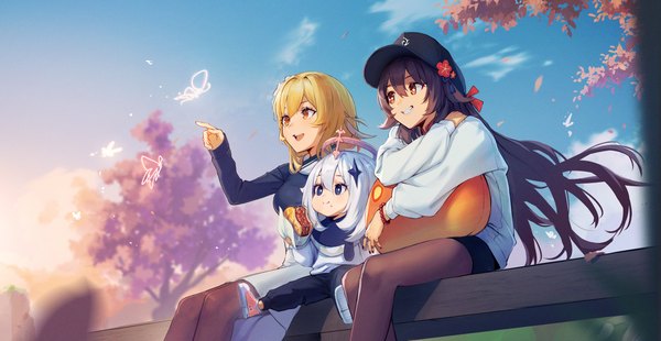 Anime picture 4518x2333 with genshin impact hu tao (genshin impact) lumine (genshin impact) paimon (genshin impact) slime (genshin impact) alaskastomatoez blush fringe highres short hair open mouth blue eyes blonde hair smile hair between eyes brown hair wide image sitting multiple girls holding