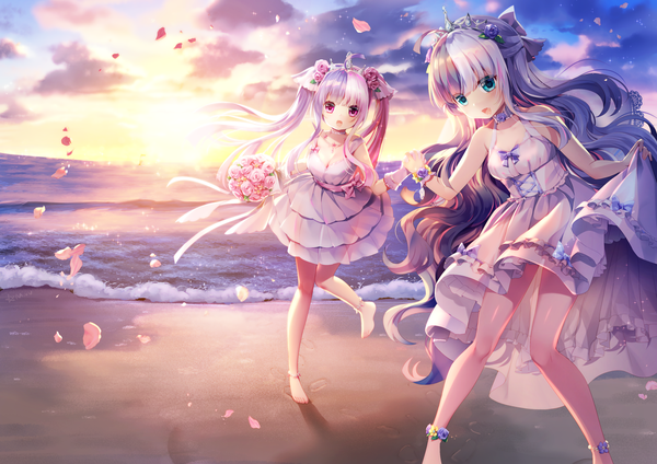 Anime picture 1920x1357 with warship girls r m1 (warship girls r) m2 (warship girls) mvv long hair looking at viewer blush fringe highres breasts open mouth multiple girls signed pink hair sky cleavage purple hair cloud (clouds) white hair blunt bangs