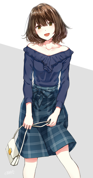 Anime picture 1200x2299 with original dabadhi single tall image looking at viewer blush short hair open mouth smile brown hair bare shoulders brown eyes off shoulder fashion girl skirt bag