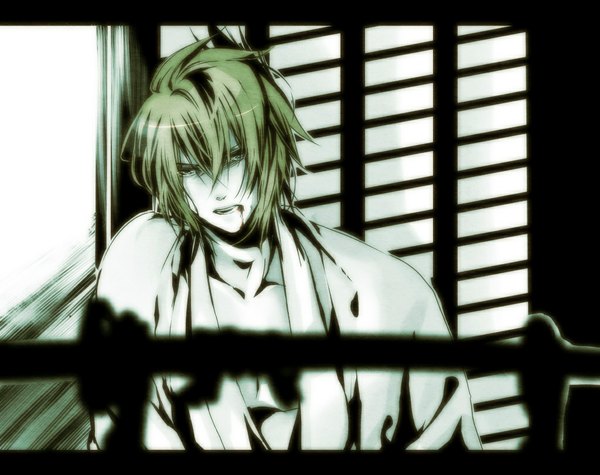 Anime picture 1024x811 with hakuouki shinsengumi kitan studio deen okita souji (hakuouki) green hair silhouette boy sword katana blood open kimono