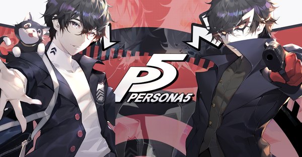 Anime picture 1872x974 with persona 5 persona amamiya ren morgana (persona 5) calder looking at viewer fringe highres short hair black hair blonde hair hair between eyes wide image holding yellow eyes head tilt light smile multiple boys grey eyes copyright name