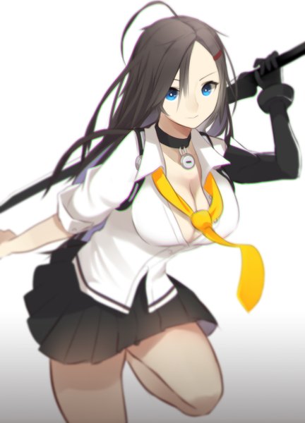 Anime picture 900x1250 with closers yuri seo ss0l (skghek) single long hair tall image looking at viewer breasts blue eyes black hair simple background smile large breasts standing white background holding ahoge bent knee (knees) pleated skirt grey background