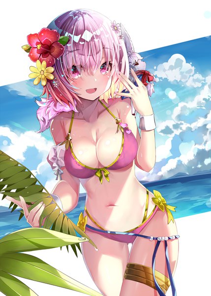 Anime picture 1000x1398 with fate (series) fate/grand order mash kyrielight fou (fate) sho (runatic moon) single tall image looking at viewer blush fringe short hair breasts open mouth light erotic standing pink hair sky cloud (clouds) outdoors :d