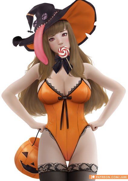 Anime picture 2480x3508 with original ebmal (jubi) jubi (regiana) single long hair tall image highres breasts light erotic red eyes brown hair large breasts white background holding signed mouth hold halloween highleg hands on hips girl