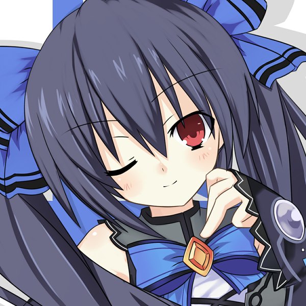 Anime picture 1164x1164 with choujigen game neptune noire meimu (infinity) single long hair blush black hair red eyes twintails one eye closed wink girl dress bow hair bow