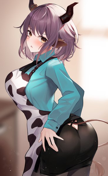 Anime picture 2200x3600 with arknights sideroca (arknights) mizu (lzzrwi603) single tall image blush highres short hair light erotic brown eyes animal ears purple hair ass tail animal tail looking back horn (horns) animal print cow ears cow print