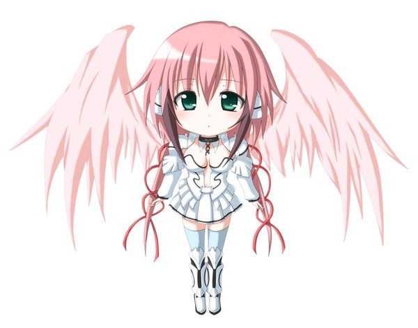 Anime picture 2201x1725 with sora no otoshimono ikaros kuena single long hair highres simple background white background green eyes pink hair chibi girl wings
