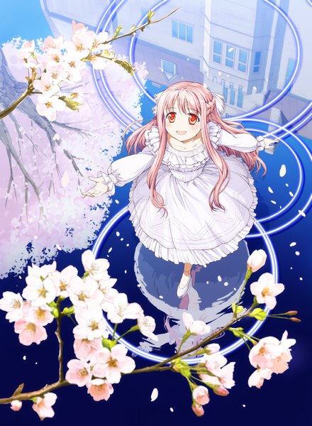 Anime picture 800x1090 with sakura no shita de ai mashou ouka (sakura no shita de ai mashou) takahata yuki long hair tall image blush open mouth red eyes pink hair cherry blossoms reflection half updo girl dress flower (flowers) plant (plants) petals tree (trees)