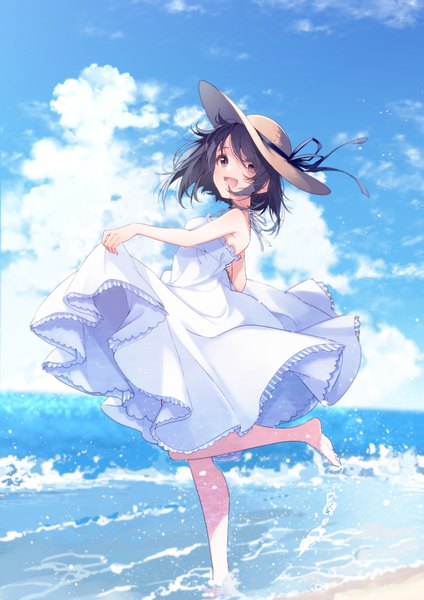 Anime picture 752x1064 with original umiko (munemiu) single tall image looking at viewer blush fringe short hair open mouth black hair smile hair between eyes standing bare shoulders brown eyes sky cloud (clouds) full body :d barefoot