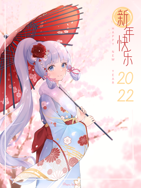 Anime picture 3000x3994 with genshin impact kamisato ayaka harukix single long hair tall image fringe highres blue eyes smile signed silver hair ponytail blunt bangs traditional clothes japanese clothes twitter username floral print framed new year