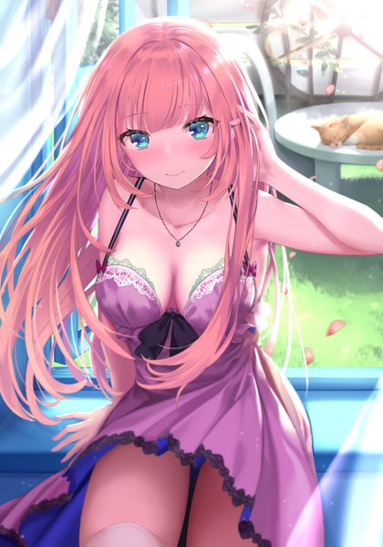 Anime picture 1051x1500 with original moe2020 mizuya nao single long hair tall image looking at viewer blush fringe breasts light erotic smile sitting bare shoulders cleavage indoors blunt bangs arm up aqua eyes wind