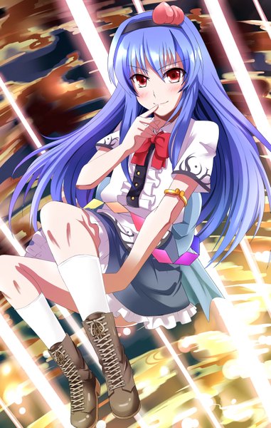 Anime picture 2102x3307 with touhou hinanawi tenshi eo (artist) single long hair tall image blush highres red eyes blue hair finger to mouth no hat girl dress socks boots hairband white socks