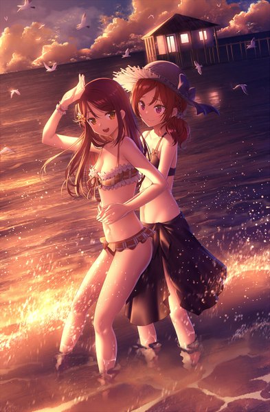 Anime picture 856x1305 with love live! school idol project love live! sunshine!! sunrise (studio) love live! nishikino maki sakurauchi riko nagareboshi long hair tall image looking at viewer fringe open mouth light erotic brown hair standing purple eyes multiple girls brown eyes payot looking away