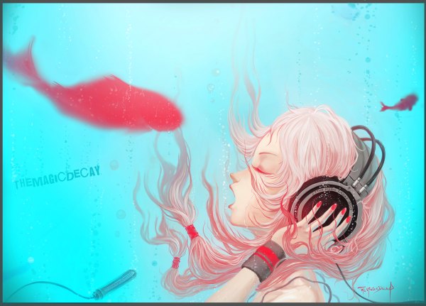 Anime picture 1200x862 with guilty crown production i.g yuzuriha inori tagme (artist) single long hair open mouth twintails bare shoulders pink hair eyes closed nail polish profile red nail polish singing hand on headphones girl headphones bubble (bubbles) fish (fishes)