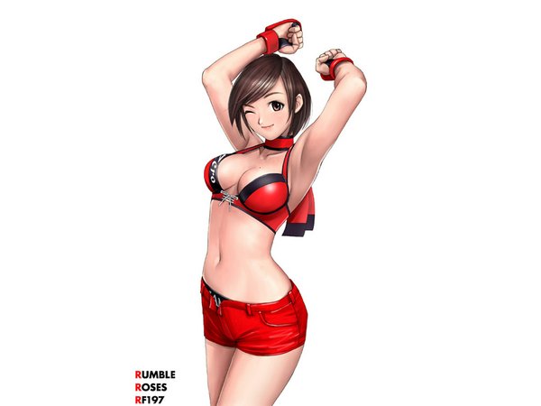 Anime picture 1024x768 with rumble roses (game) hinomoto reiko ryu (ryu's former site) single short hair light erotic simple background smile brown hair white background bare shoulders brown eyes one eye closed wink arms up midriff girl gloves navel choker