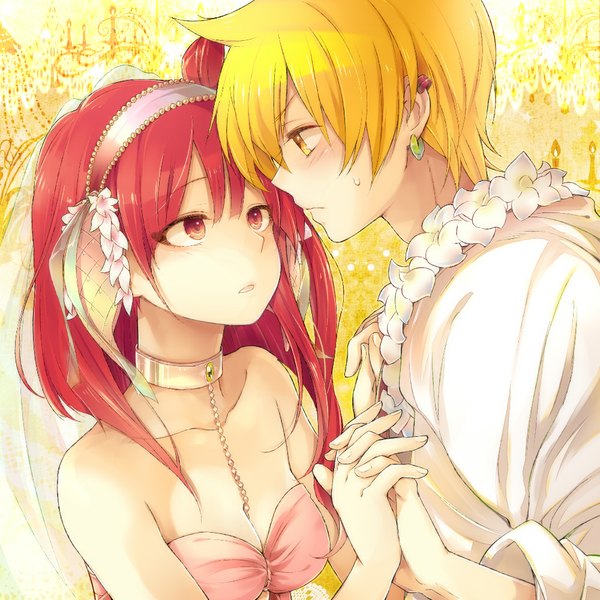 Anime picture 1000x1000 with magi the labyrinth of magic a-1 pictures morgiana ali baba saluja ocha_(hutuumikan) long hair blush short hair blonde hair red eyes yellow eyes red hair couple girl boy hairband