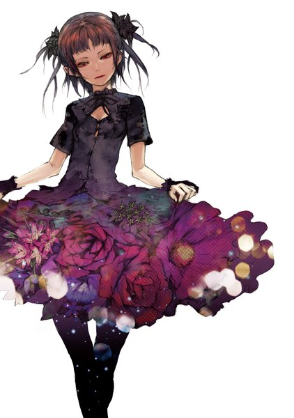 Anime picture 2516x3579 with original redjuice single tall image highres simple background red eyes brown hair white background girl dress hair ornament flower (flowers) pantyhose wrist cuffs