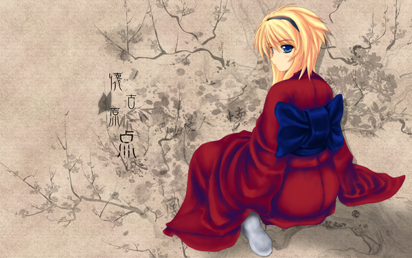 Anime picture 1920x1200 with single highres blue eyes blonde hair wide image traditional clothes japanese clothes girl hairband kimono