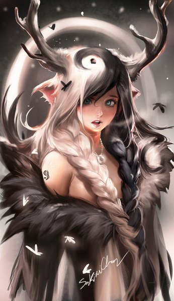 Anime picture 865x1500 with original sakimichan single long hair tall image looking at viewer fringe open mouth blue eyes light erotic black hair standing signed animal ears cleavage white hair braid (braids) multicolored hair horn (horns) lips