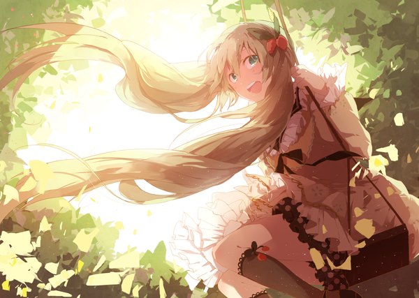 Anime picture 2200x1569 with vocaloid hatsune miku mikuru rumisora single looking at viewer highres open mouth sitting twintails green eyes very long hair green hair girl dress hair ornament socks leaf (leaves) black socks swing