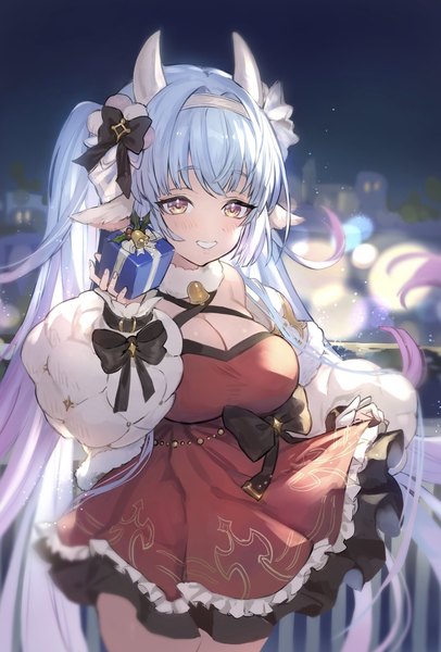 Anime picture 1090x1610 with granblue fantasy catura (granblue fantasy) shiromimin single tall image breasts light erotic smile large breasts twintails animal ears yellow eyes blue hair cleavage very long hair horn (horns) blurry grin draph girl