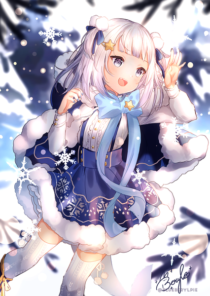 Anime picture 1000x1409 with virtual youtuber hololive hololive english gawr gura beryl (blueberylpie) single tall image short hair open mouth signed looking away silver hair nail polish :d arm up two side up fur trim twitter username silver eyes blue nail polish