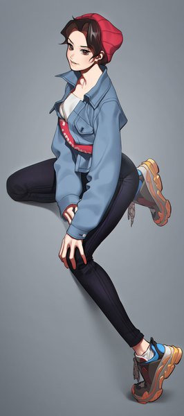 Anime picture 854x1925 with original revolmxd single tall image looking at viewer blush short hair simple background brown hair brown eyes full body bent knee (knees) long sleeves grey background open jacket hand on knee casual fashion girl shoes