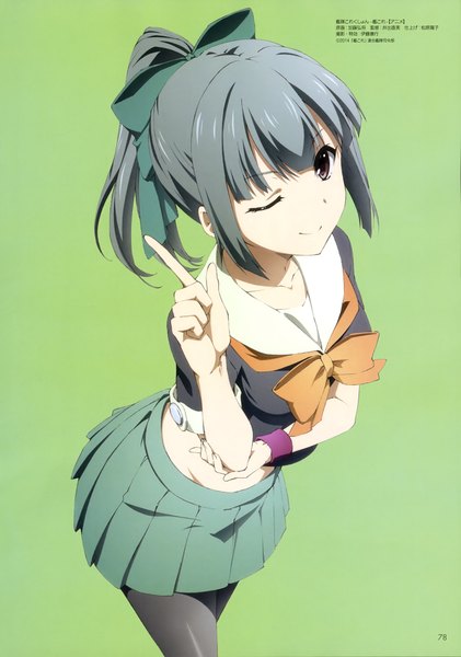 Anime picture 2879x4098 with kantai collection yuubari light cruiser katou hiromasa single long hair tall image looking at viewer highres smile brown eyes ponytail one eye closed grey hair wink official art green background girl skirt bow hair bow