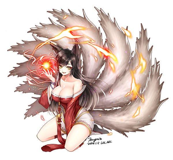 Anime picture 1286x1190 with league of legends ahri (league of legends) jeongmito (artist) single long hair breasts open mouth black hair simple background smile white background bare shoulders animal ears yellow eyes cleavage tail magic fox girl multiple tails girl
