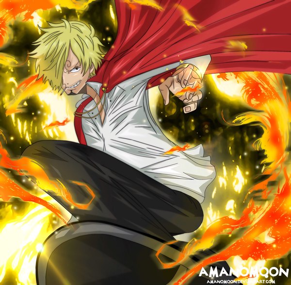 Anime picture 2048x2006 with one piece toei animation sanji amanomoon single looking at viewer fringe highres short hair blonde hair smile signed black eyes hair over one eye coloring eyebrows kick boy shirt white shirt